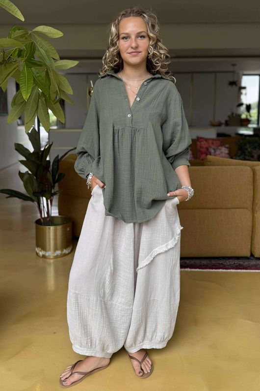 Made in Italy Santos Collared Peasant Smock Blouse Khaki